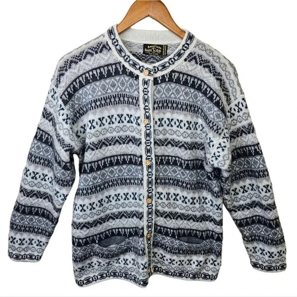 American South Side Alpaca Cardigan‎ Wool Fair Isle Stripe Button Trim Nordic - Picture 1 of 9